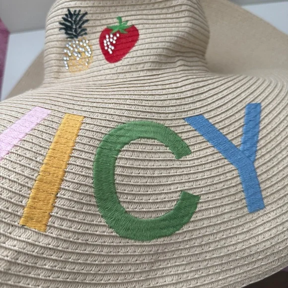 Juicy Couture Big Straw Embroidered Sun Hat Strawberry Pineapple Rhinestone - Picture 2 of 5